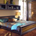 Спальный гарнитур: двуспальная кровать, шкаф, тумбочки, книжные полки, столик